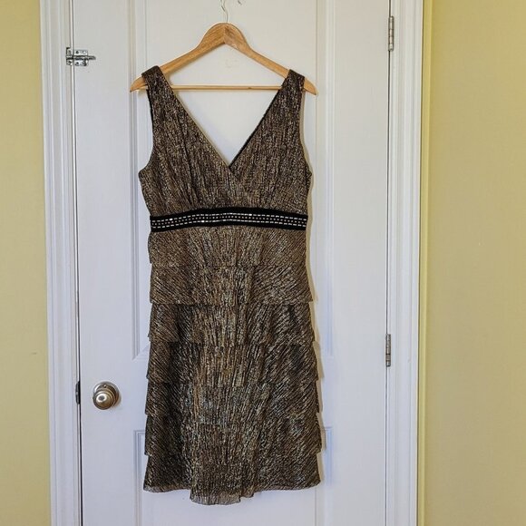 Frank Lyman dress formal evening date gold silver plus 14 metallic vintage gown - Picture 5 of 13